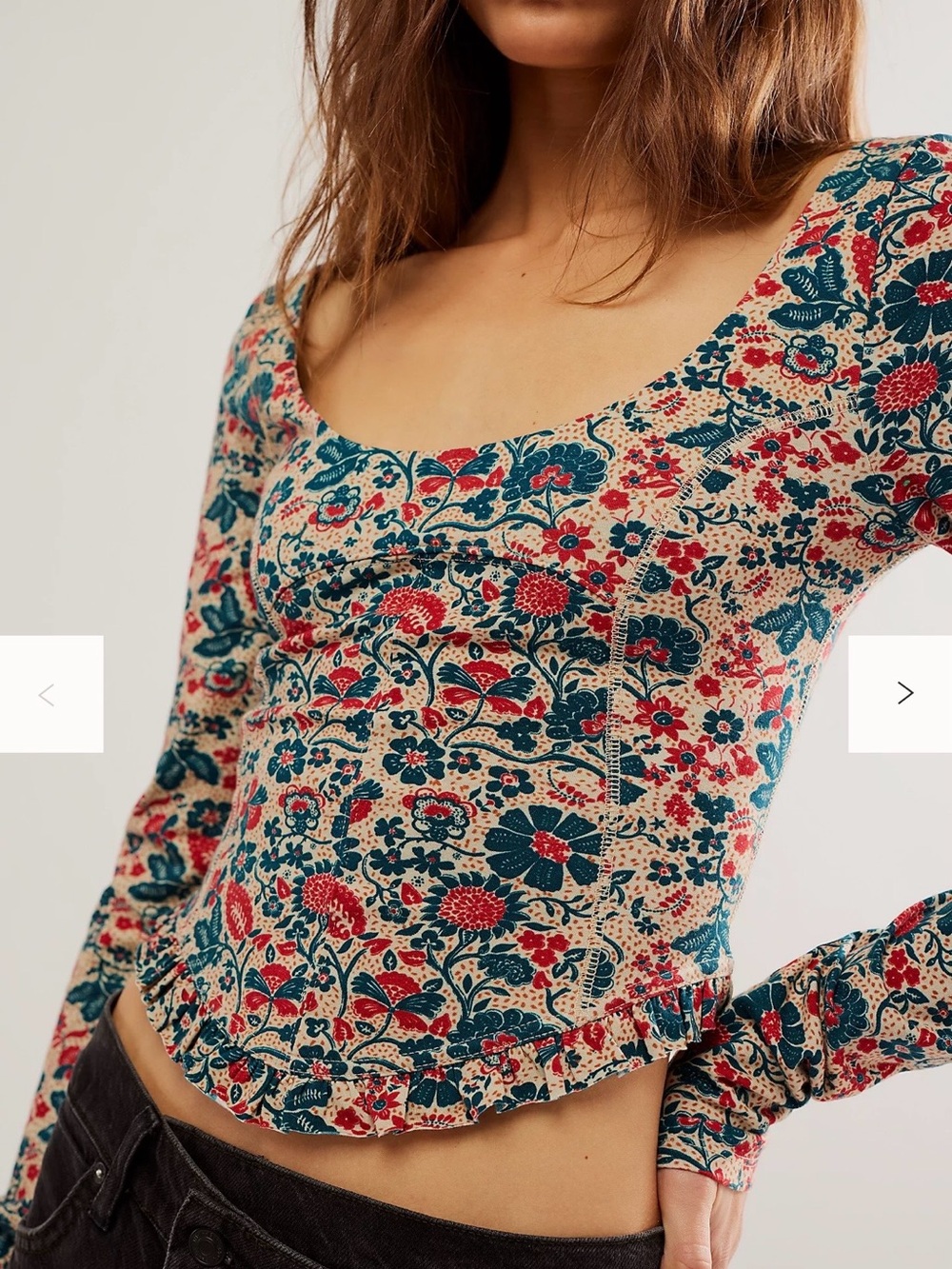 Free People Melanie Long-Sleeve Top in Teal & Red - low scoop neckline - floral